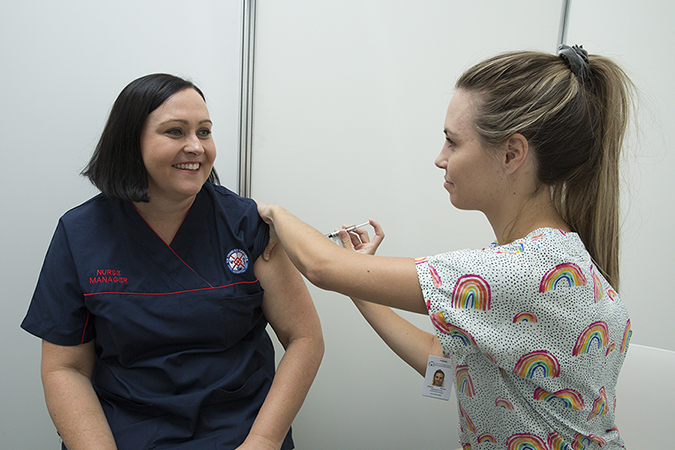 SCGH ED Nursing Coordinator Nicole Hoskins vaccinated for COVID-19 as part of Phase 1A.